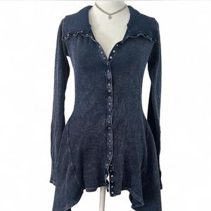 Washed Navy Button-Front Longline Shirt with Handkerchief Hem